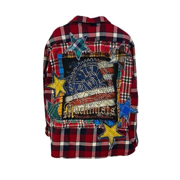 Upcycled Flannel Shirt Shacket Womens 3XL Machinist Grunge Patchwork Folk Art - Picture 6 of 14